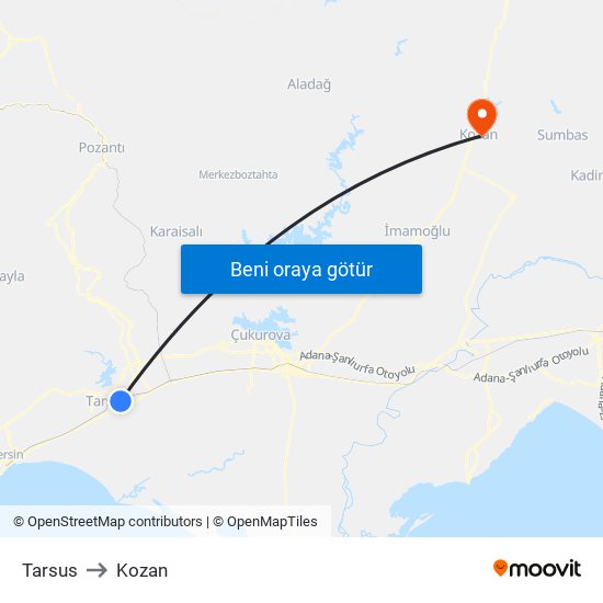 Tarsus to Kozan map