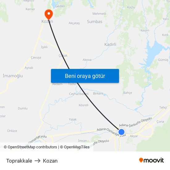 Toprakkale to Kozan map