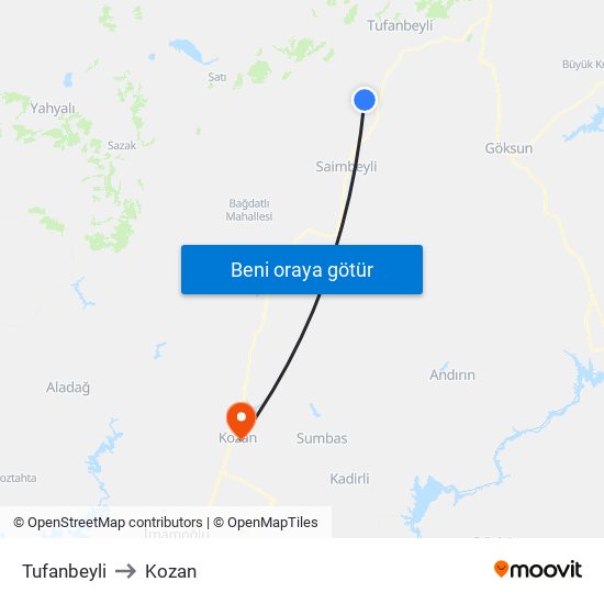 Tufanbeyli to Kozan map