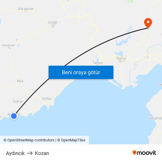 Aydıncık to Kozan map