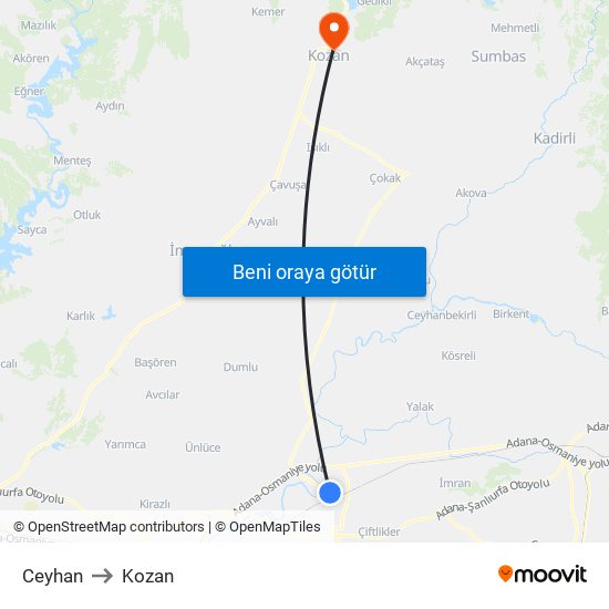 Ceyhan to Kozan map