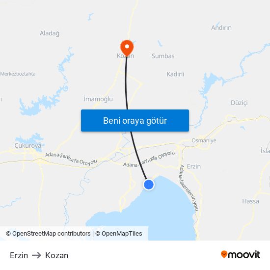 Erzin to Kozan map