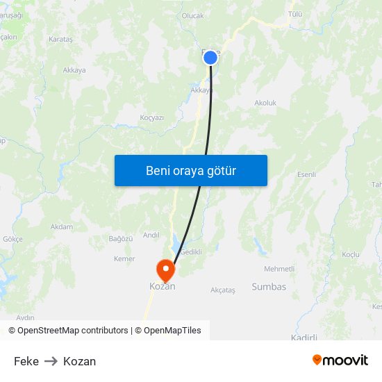 Feke to Kozan map