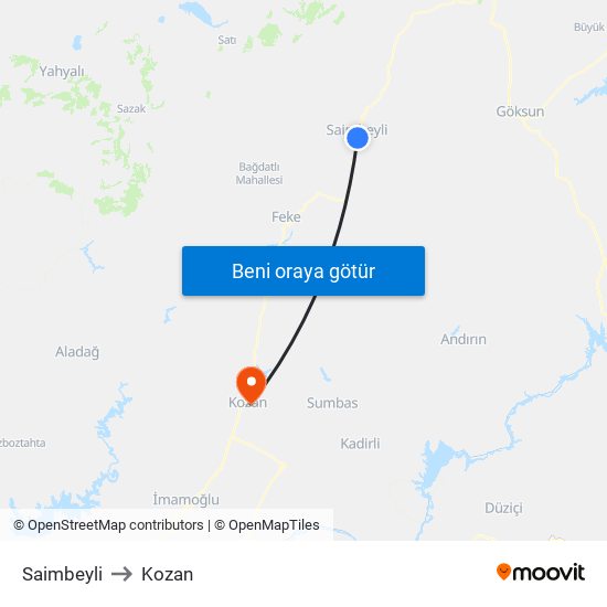 Saimbeyli to Kozan map