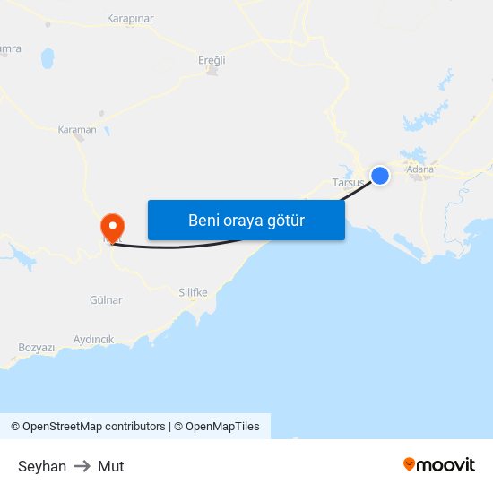 Seyhan to Mut map