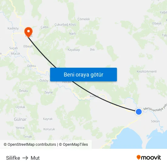 Silifke to Mut map