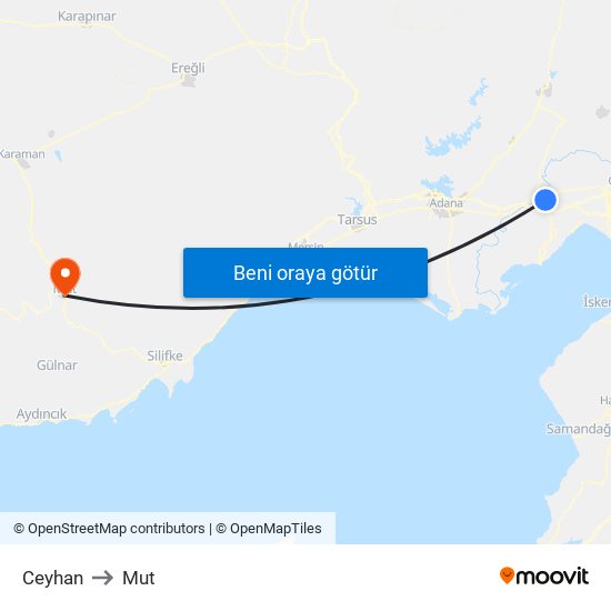 Ceyhan to Mut map