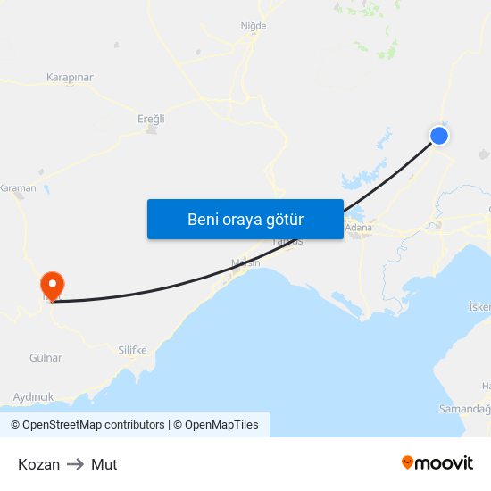 Kozan to Mut map