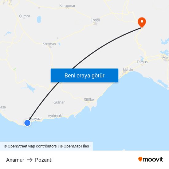 Anamur to Pozantı map