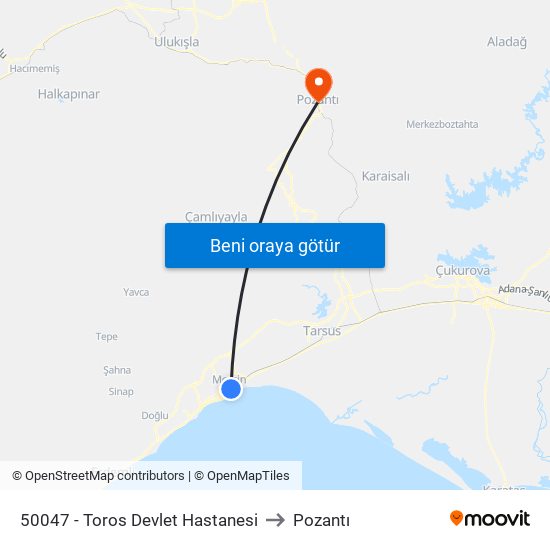 50047 - Toros Devlet Hastanesi to Pozantı map