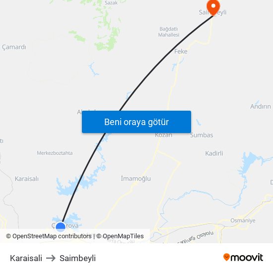Karaisali to Saimbeyli map