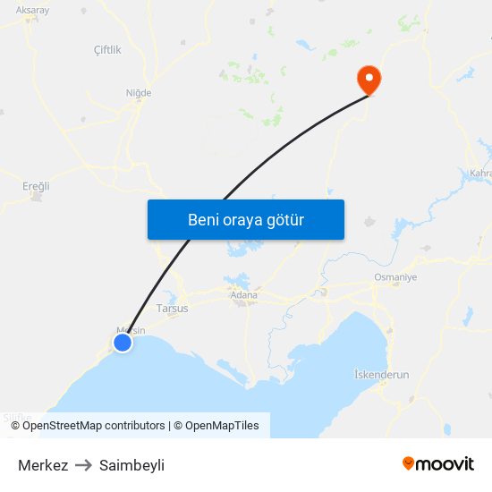 Merkez to Saimbeyli map