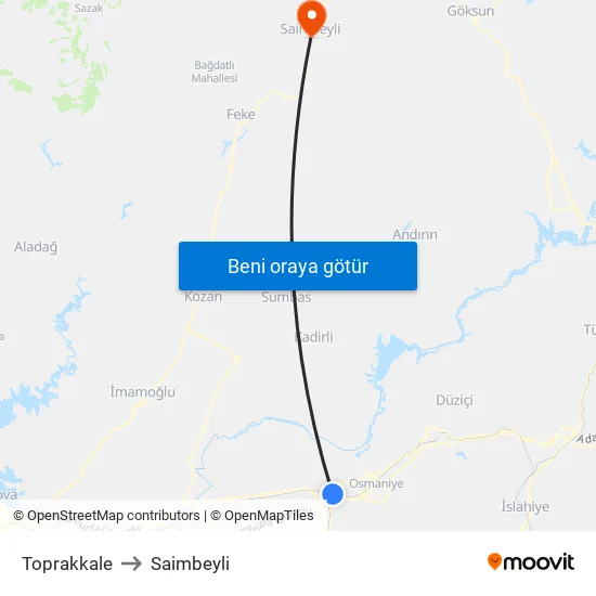 Toprakkale to Saimbeyli map