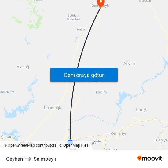 Ceyhan to Saimbeyli map