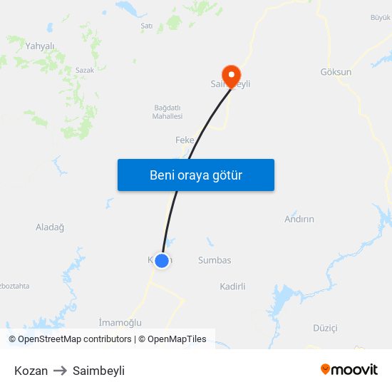 Kozan to Saimbeyli map