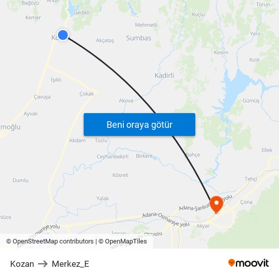 Kozan to Merkez_E map