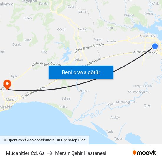 Mücahitler Cd. 6a to Mersin Şehir Hastanesi map