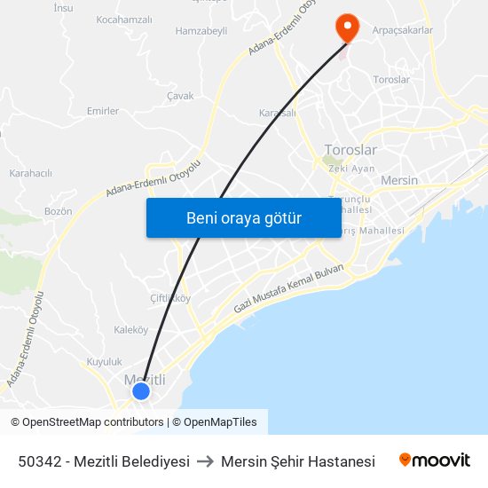 50342 - Mezitli Belediyesi to Mersin Şehir Hastanesi map
