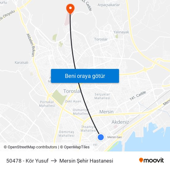 50478 - Kör Yusuf to Mersin Şehir Hastanesi map