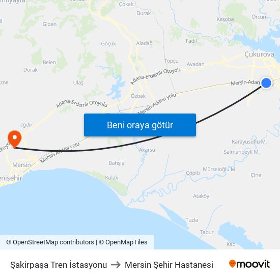 Şakirpaşa Tren İstasyonu to Mersin Şehir Hastanesi map