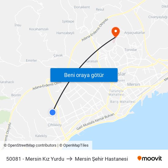 50081 - Mersin Kız Yurdu to Mersin Şehir Hastanesi map