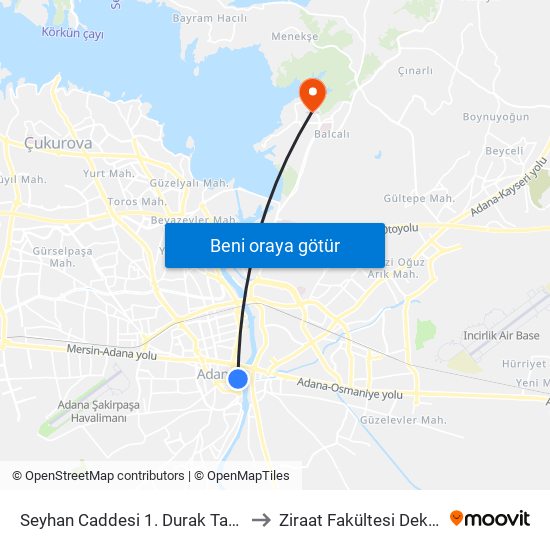 Seyhan Caddesi 1. Durak Taşköprü to Ziraat Fakültesi Dekanlığı map