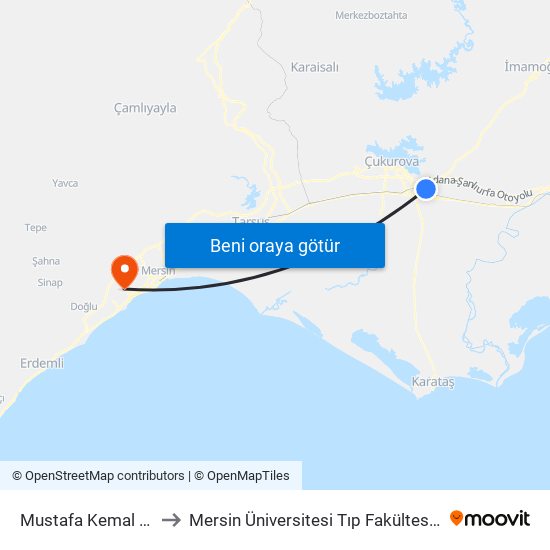 Mustafa Kemal Paşa 1 to Mersin Üniversitesi Tıp Fakültesi Hastanesi map