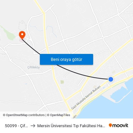 50099 - Çiftyol to Mersin Üniversitesi Tıp Fakültesi Hastanesi map