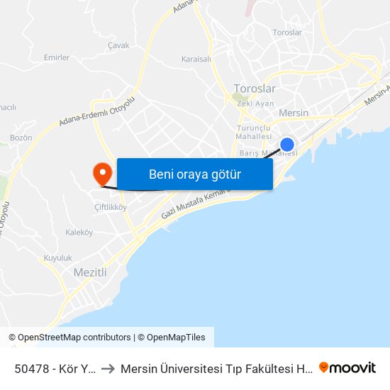 50478 - Kör Yusuf to Mersin Üniversitesi Tıp Fakültesi Hastanesi map