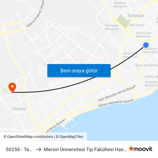 50256 - Tedaş to Mersin Üniversitesi Tıp Fakültesi Hastanesi map