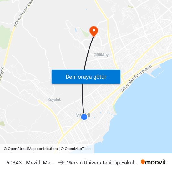 50343 - Mezitli Merkez Camii to Mersin Üniversitesi Tıp Fakültesi Hastanesi map