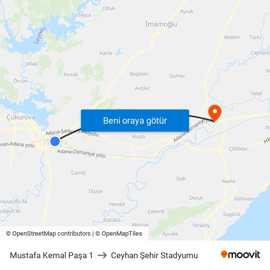 Mustafa Kemal Paşa 1 to Ceyhan Şehir Stadyumu map