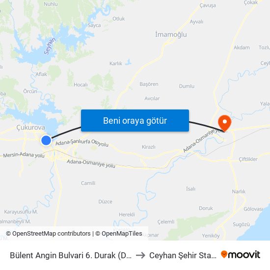 Bülent Angin Bulvari 6. Durak (Duygu Cafe) to Ceyhan Şehir Stadyumu map