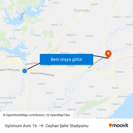 Optimum Avm 1b to Ceyhan Şehir Stadyumu map