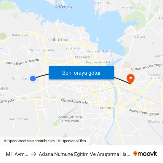 M1 Avm 1a to Adana Numune Eğitim Ve Araştırma Hastanesi map