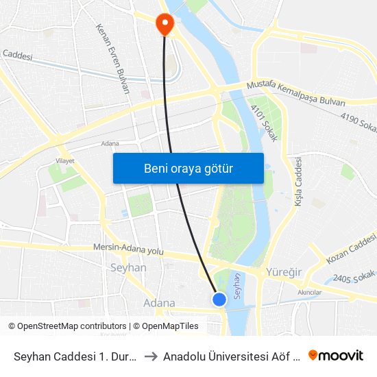 Seyhan Caddesi 1. Durak Taşköprü to Anadolu Üniversitesi Aöf Toros Bürosu map