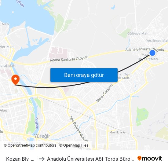 Kozan Blv. 2a to Anadolu Üniversitesi Aöf Toros Bürosu map