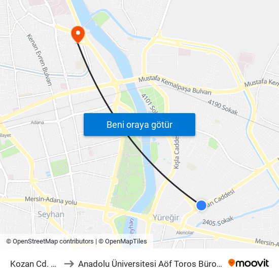 Kozan Cd. 1b to Anadolu Üniversitesi Aöf Toros Bürosu map