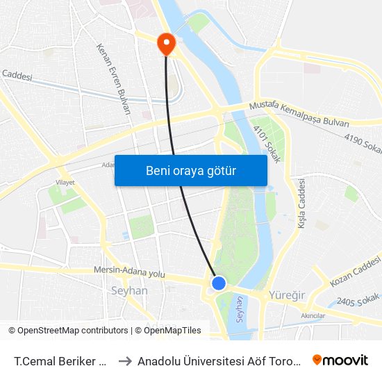 T.Cemal Beriker Blv. 1a to Anadolu Üniversitesi Aöf Toros Bürosu map