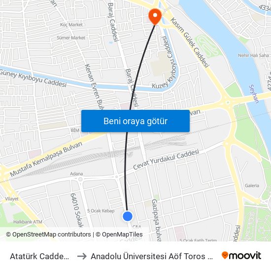 Atatürk Caddesi 4a to Anadolu Üniversitesi Aöf Toros Bürosu map