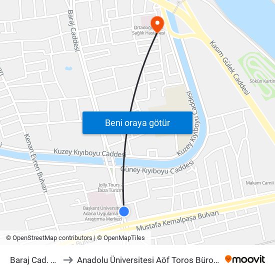 Baraj Cad. 1a to Anadolu Üniversitesi Aöf Toros Bürosu map