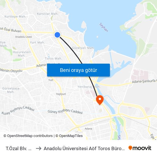 T.Özal Blv. 9b to Anadolu Üniversitesi Aöf Toros Bürosu map