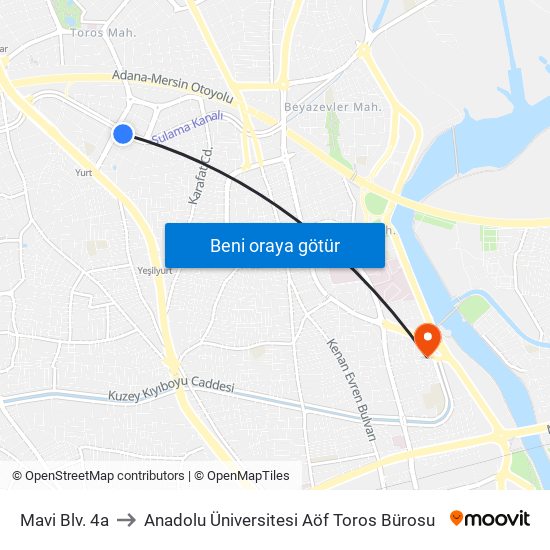 Mavi Blv. 4a to Anadolu Üniversitesi Aöf Toros Bürosu map