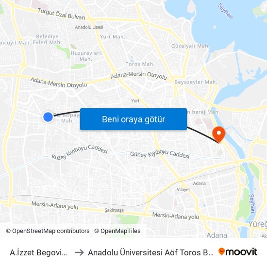 A.İzzet Begoviç 5b to Anadolu Üniversitesi Aöf Toros Bürosu map