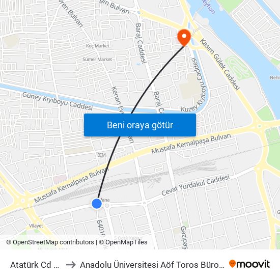 Atatürk Cd 5a to Anadolu Üniversitesi Aöf Toros Bürosu map