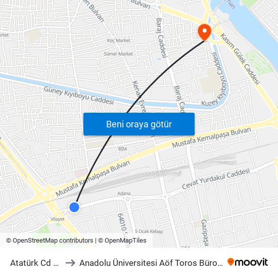 Atatürk Cd 6a to Anadolu Üniversitesi Aöf Toros Bürosu map