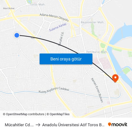 Mücahitler Cd. 1a to Anadolu Üniversitesi Aöf Toros Bürosu map