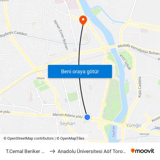 T.Cemal Beriker Blv. 2a to Anadolu Üniversitesi Aöf Toros Bürosu map