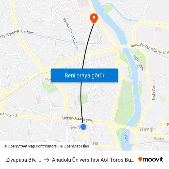 Ziyapaşa Blv. 1b to Anadolu Üniversitesi Aöf Toros Bürosu map