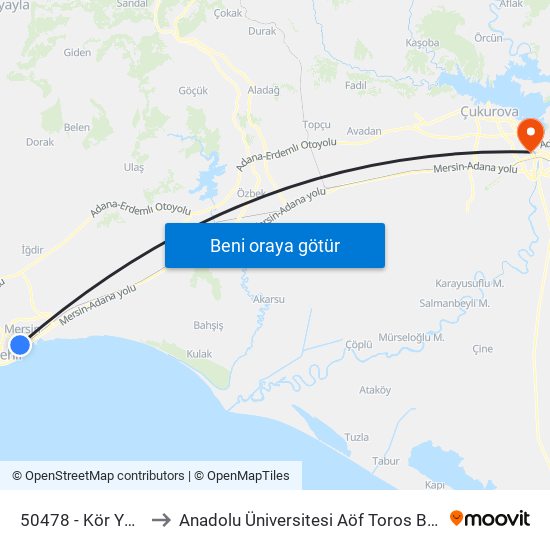 50478 - Kör Yusuf to Anadolu Üniversitesi Aöf Toros Bürosu map